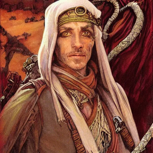 Image similar to Kethlan the elven desert bandit. Epic portrait by james gurney and Alfonso mucha.