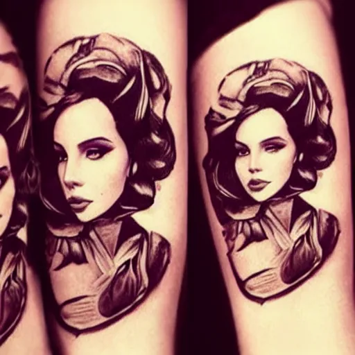 Image similar to Lana del rey tattoo design, photorealistic, dramatic