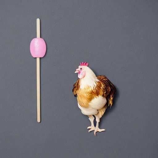 Image similar to a chicken impaled on a lolly stick, photo realistic