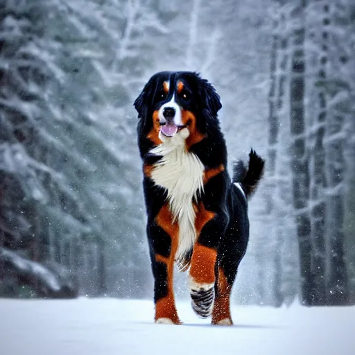 Image similar to girl riding giant Bernese Mountain Dog in the snow, trending on artstation