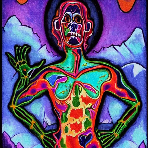 Image similar to In the center of the body art is a large gateway that seems to lead into abyss of darkness. On either side of the gateway are two figures, one a demon-like creature, the other a skeletal figure. holography, in the tundra by Alexej von Jawlensky, by Lisa Frank sinister