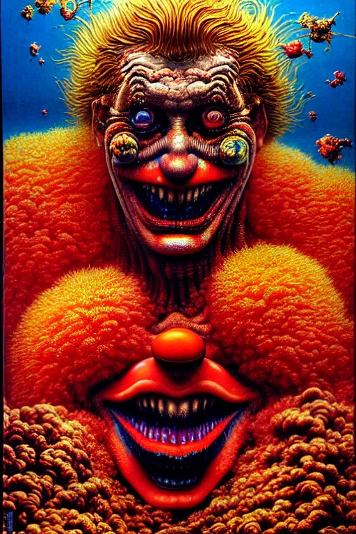 Prompt: a hyperrealistic painting of a evil boss fight against tyrant ronald mcdonald, cinematic horror by chris cunningham, lisa frank, richard corben, highly detailed, vivid color, beksinski painting, part by adrian ghenie and gerhard richter. art by takato yamamoto. masterpiece