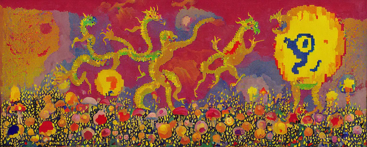 Image similar to pixel decollage painting golden armor alien zombie horseman riding on a crystal bone dragon broken rainbow diamond maggot horse in a blossoming meadow full of colorful mushrooms and golden foil toad blobs in a golden sunset, distant forest horizon, painted by Mark Rothko, Helen Frankenthaler, Danny Fox and Hilma af Klint, pixelated, neo expressionism, semi naive, pastel colors, cinematic, color field painting, cave painting, voxel, pop art look, outsider art, minimalistic. Bill Traylor painting, part by Philip Guston and Francis Bacon. art by Adrian Ghenie, very coherent symmetrical artwork, cinematic, hyper realism, high detail, octane render, unreal engine, Smooth gradients, depth of field, full body character drawing, extremely detailed, 8k, extreme detail, intricate detail, masterpiece