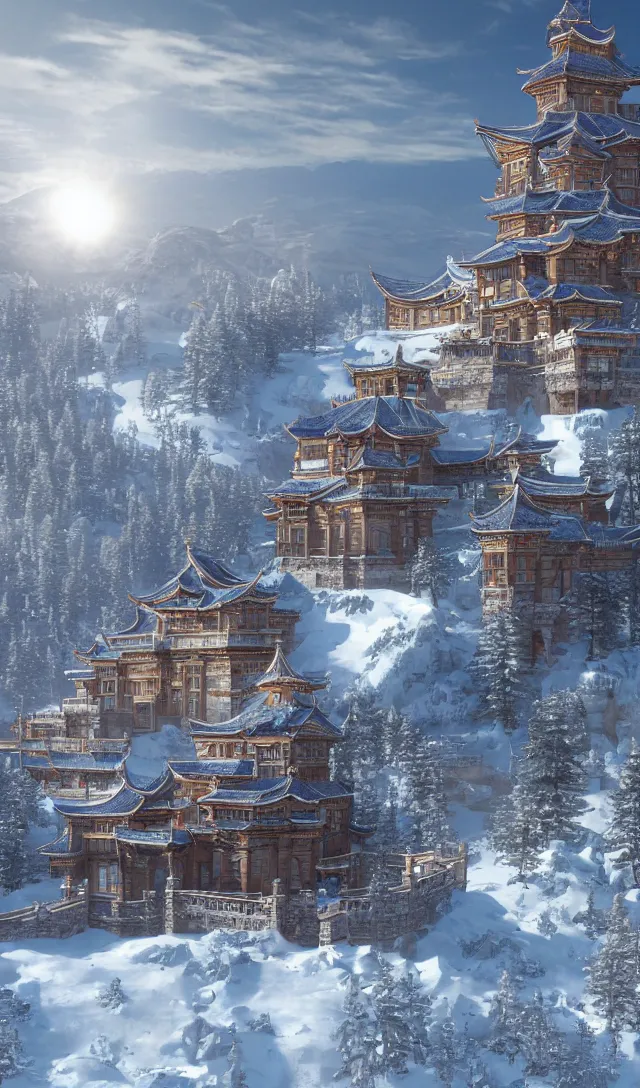 Prompt: a scene concept design depicting a snow - covered palace in the changbai mountains under the shine of the sun, with a magnificent atmosphere ， super wide angle ， matte painting ， rtx on ， in fenghua zhong style ， trending on cgsociety and artstation, unreal engine ， volumetric light ，