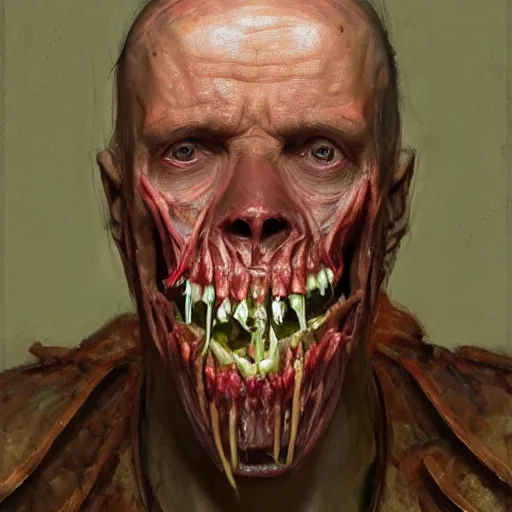 Image similar to a portrait of владимир рудольфович соловьев, flesh eating worms, macabre, horror rotten teeth, by donato giancola and greg rutkowski, wayne barlow, realistic face, visible face, digital art, artstation, symmetry