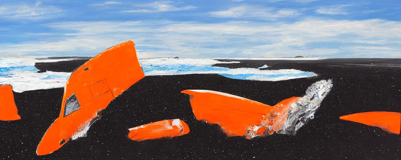 Prompt: painting of giant orange and white military spacecraft crashing into an endless black sand beach in iceland with icebergs in the distance, 2 8 mm, shockwave