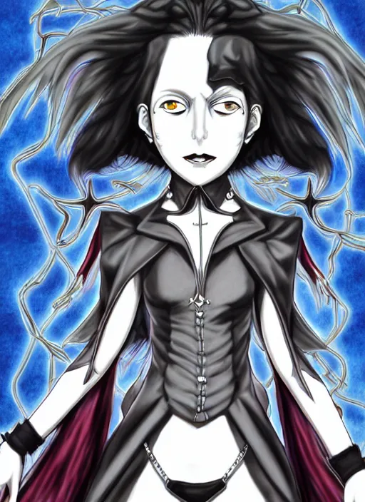 Image similar to shin megami tensei art of a demon called margaret thatcher, art by kazuma kaneko, demonic! compedium!, digital drawing, law - alligned, white background, high quality, highly detailed