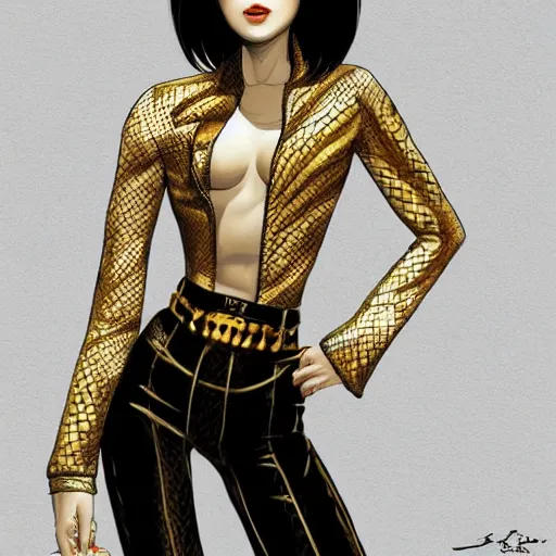 Image similar to yakuza slim girl, gold suit jacket in snake print, jacket over bare torso, yakuza tattoo on body, black short curtain haircut, black leather pants with black belt, elegant, 2d, ultra highly detailed, digital painting, smooth, sharp focus, artstation, art by artgerm, rossdraws