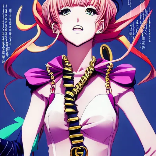 Image similar to Magazine Cover Anime key visual of a Gucci girl; official media; typography; drawn by Hirohiko Araki; Jojo's Bizarre Adventure; Jojolion, portrait, made by Stanley Artgerm Lau, WLOP, Rossdraws, James Jean, Andrei Riabovitchev, Marc Simonetti, Yoshitaka Amano, ArtStation