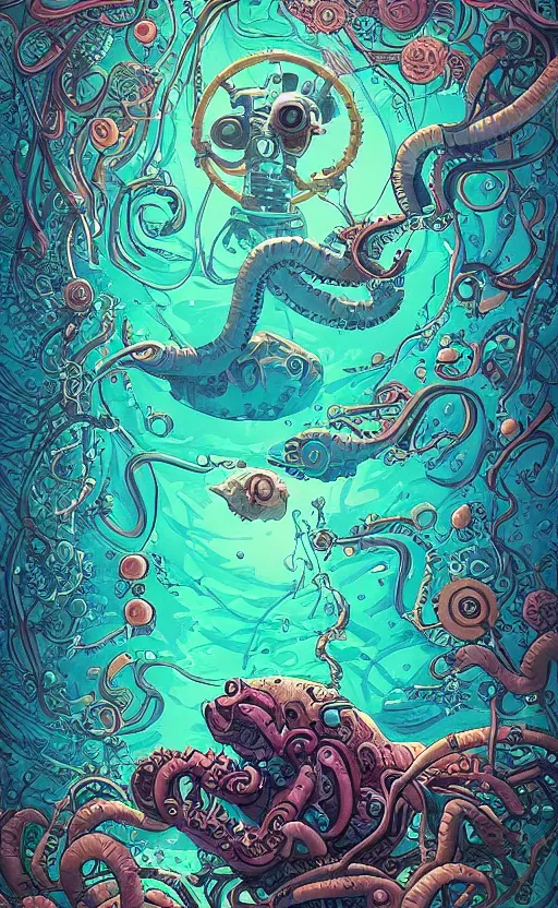 Image similar to a picture of mysterious colourful underwater creature, being discovered by a man in a steampunk diving suit. water is deep aquamarine coloured. poster art by james jean, concept art, behance contest winner, very detailed, award - winning. lovecraftian, cosmic horror, bioluminescence.