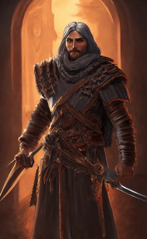 Image similar to an oil art portrait of young handsome pale roma, grim dark warrior from gwent cards, gipsy blood mage with great sword character design from inquisition, 4 k, ultra detail, volumetric lighting, unreal engine, octane render