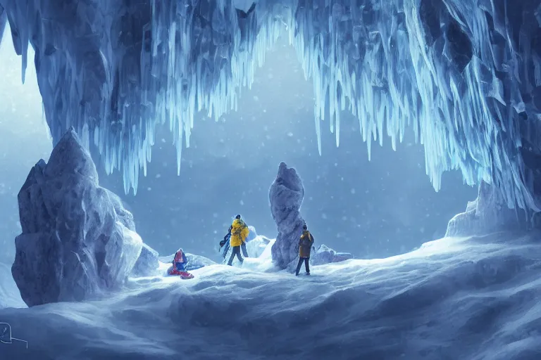 Image similar to three people exploring an open mysterious underground wintry crystalline glowing dimly - lit rocky ice cave with warm lanterns, blue and ( ( ( ( yellow ) ) ) ) tones, fantasy, concept art, amazing landscape painting, romanticism, geometric crystal structures, digital art, trending on artstation