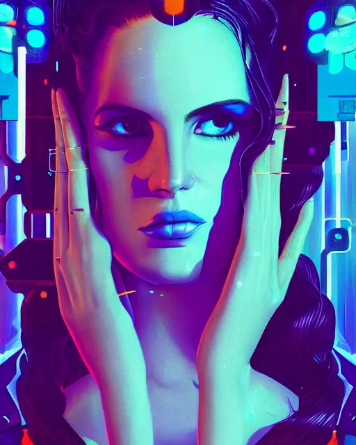 Image similar to portrait of lana del rey as a cyberpunk cyborg. sci - fi intricate abstract. intricate artwork, tear drops, roses, by tooth wu, wlop, beeple, dan mumford. concept art, octane render, trending on artstation, greg rutkowski, asymmetrical, cinematic arthouse, key art, hyper realism, iridescent accents