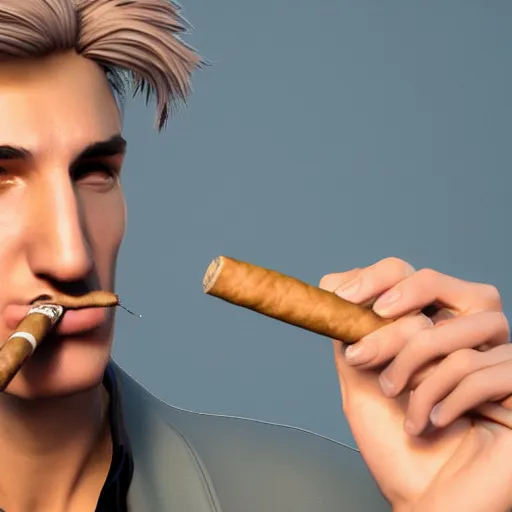 Image similar to a high quality photo of xqc smoking a cigar, 3d scene, render, ultra realistic, artstation, cgsociety