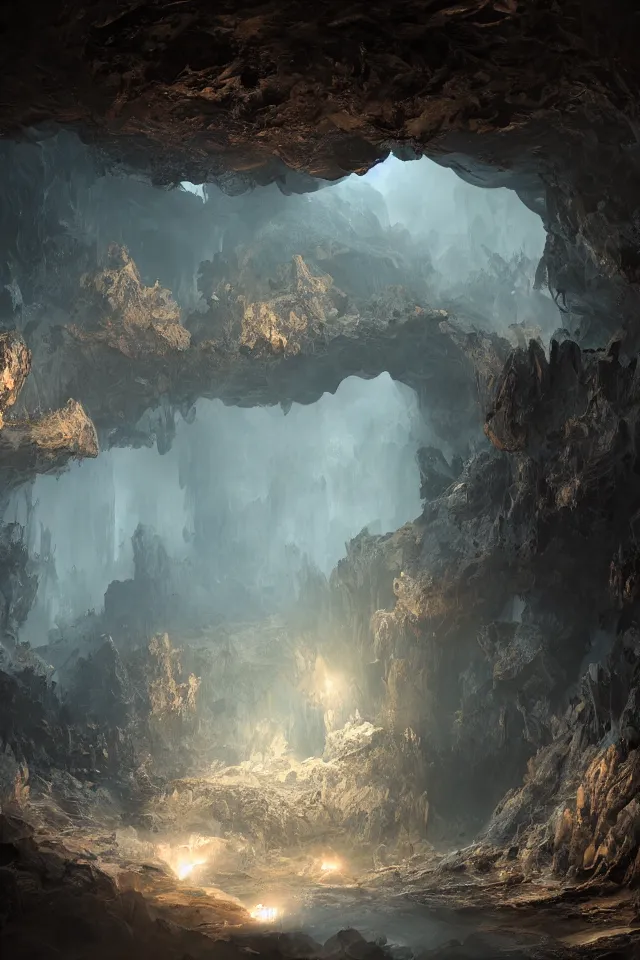 Prompt: the underground cave has a huge door made of bronze, bronze material, dark and spectacular atmosphere ， super wide angle ， matte painting ， rtx on ， trending on cgsociety and artstation, unreal engine ， volumetric light ， surreal