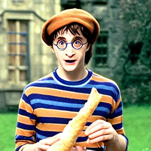 Prompt: film still of Harry Potter in a stripey t-shirt holding a baguette and wearing a beret