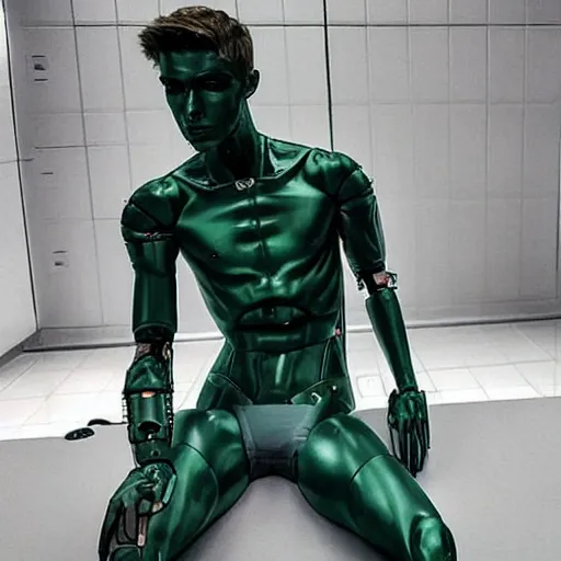 Image similar to “a realistic detailed photo of a guy who is an attractive humanoid who is half robot and half humanoid, who is a male android, twitch streamer Ninja Tyler Blevins, shiny skin, posing like a statue, blank stare”