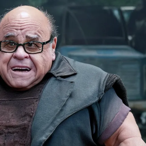 Image similar to a screenshot of Danny Devito playing Thanos in Avengers Endgame