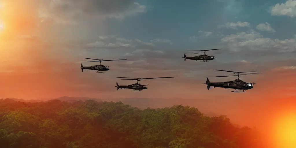 Prompt: Painting of vietnam Huey Helicopters, above a forest, orange sun set, abstract, realism, high details, glow, far, distance, over the horizon, drawn, 8k, octane render, extreme details, uniform, in sync, 3D model