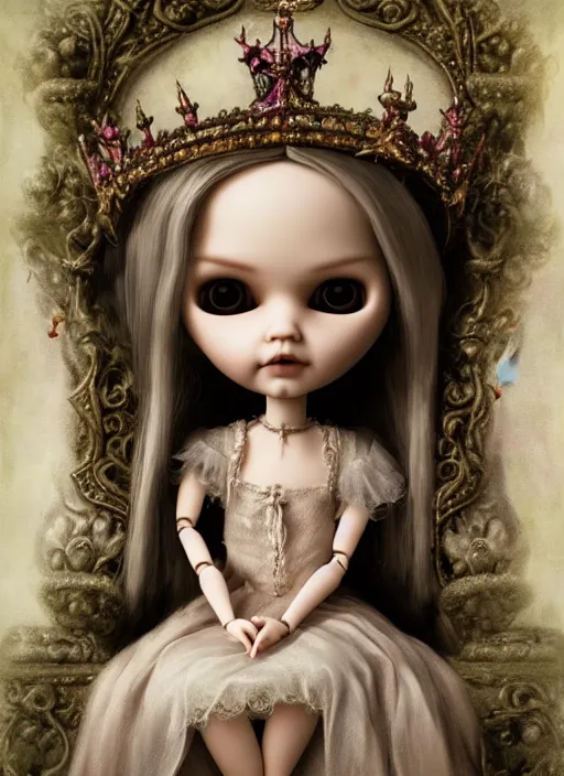 Image similar to highly detailed closeup, simple doll hands, portrait of a gothic fairy princess wearing a crown and sitting on a throne, unreal engine, nicoletta ceccoli, mark ryden, earl norem, lostfish, global illumination, god rays, detailed and intricate environment