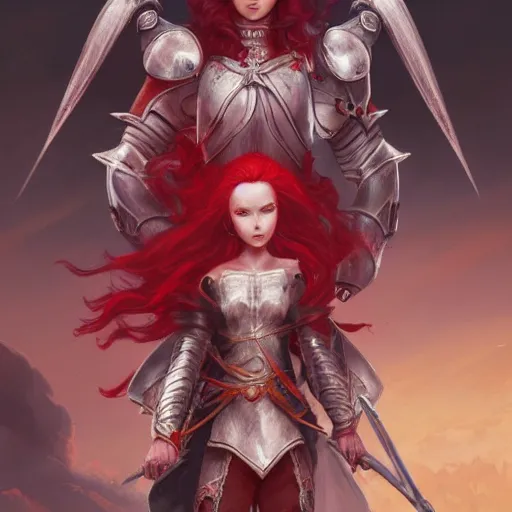 Prompt: a beautiful hyper realistic detailed epic concept art showing a noble knight women with red hair accompanied by the sacred spirit raccoon, by tom bagshaw, ross tran and bayard wu, in the style of dragon age, featured on artstation