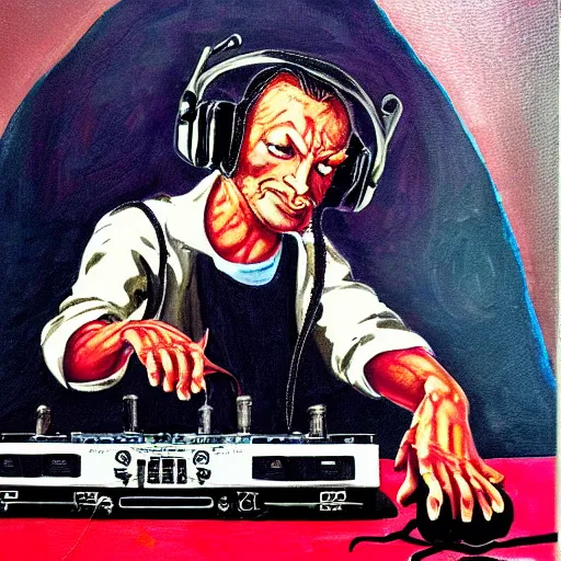 Image similar to painting of the devil as a dj with hand on record spinning