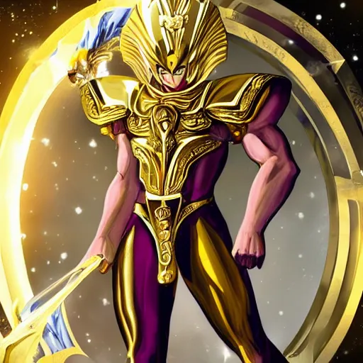 Prompt: A radiant, full body shot, photo of a 27-year-old Caucasian male wearing the Gemini Gold Armor, Beautiful gold Saint, Jaw-Dropping Beauty, gracious, aesthetically pleasing, dramatic eyes, intense stare, immense cosmic aura, from Knights of the Zodiac Saint Seiya, inside the Old Temple of Athena Greece, exquisite, art-gem, dramatic representation, hyper-realistic, live action, atmospheric scene, cinematic, trending on ArtStation, Pinterest and Shutterstock, photoshopped, deep depth of field, intricate detail, finely detailed, small details, extra detail, ultra detailed, attention to detail, detailed picture, symmetrical, octane render, arnold render, unreal engine 5, high resolution, 3D model, CGI, PBR, DAZ, path tracing, volumetric lighting, golden hour, 8k, Photoshopped, Award Winning Photo, groundbreaking, Deep depth of field, f/22, 35mm, make all elements sharp, at golden hour, Light Academia aesthetic and Socialist realism, by Annie Leibovitz