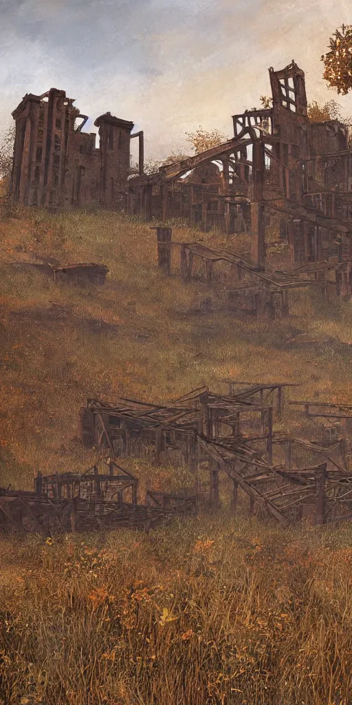 Prompt: rusty broken building constructions of a giant staircase for multiple cases, leading to the sky, the ruins, in the steppe, autumn field, misty background, from the game pathologic 2, highly detailed, sharp focus, matte painting, by isaac levitan and asher brown durand,