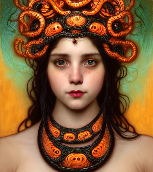 Image similar to portrait of teenage medusa, bald, naughty smile, wearing an embroidered orange tunic, wearing headdress made of black snakes, intricate, elegant, copper and emerald jewelry, glowing lights, highly detailed, digital painting, artstation, concept art, smooth, sharp focus, illustration, art by wlop, mucha, artgerm, and greg rutkowski