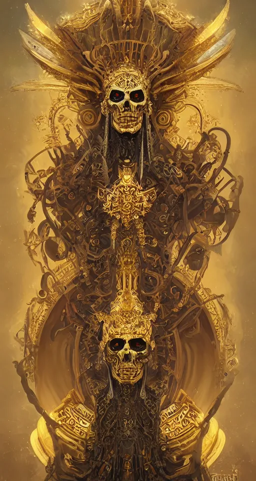 Image similar to a portrait of the thanatos the emperor of death wearing an ornate headdress made of gold metal and mandalas, surrealism, smooth, intricate, elegant, galactic energy, death and dying, golden glow, digital painting, artstation, concept art, high tech fantasy, sharp focus, illustration, art by jason chan and riot studios and blizzard studios