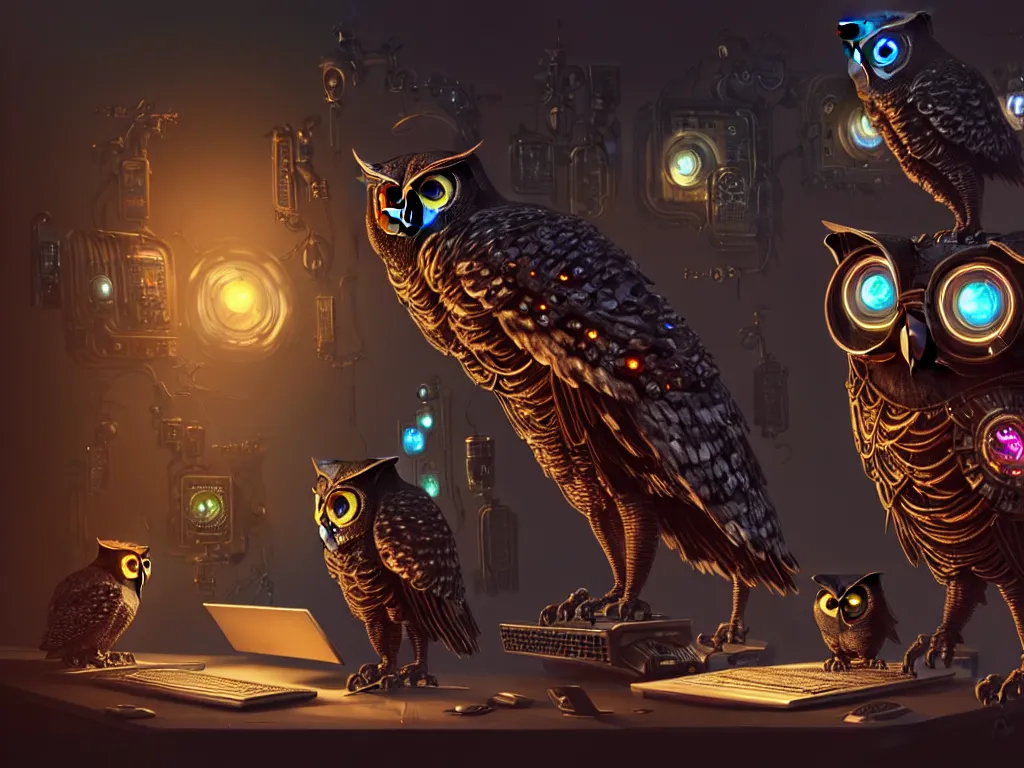 Image similar to an giant evil, malevolent, cyborg owls looking at a computer, surrounded by computer screens. steampunk, intricate, elegant, fantasy, highly detailed, digital painting, concept art, sharp focus, illustration, beautiful lighting, epic light, artstation, colorful, dramatic