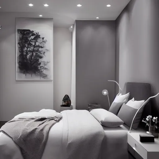 Image similar to minimalistic bedroom design, modernism, photorealistic!!!!!!! art style, luminous lighting, intricately defined, beautifully ordinated