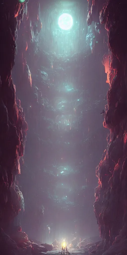 Prompt: Detailed Interior of the Eerie Moon Canyon, Deep Space, Airless, light shafts, the glowing throne, stunning atmosphere, in Style of Peter Mohrbacher, cinematic lighting