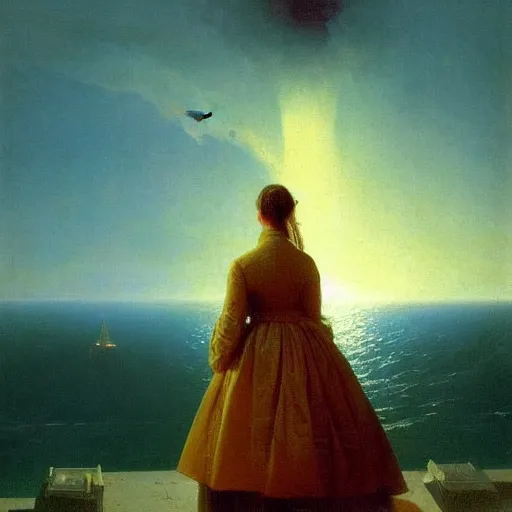 Image similar to beautiful young woman looking at giant nuclear explosion, artwork by Aivazovsky, Ivan