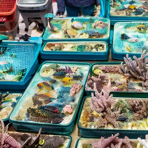 Prompt: billingsgate fish market selling boxes of coral reef