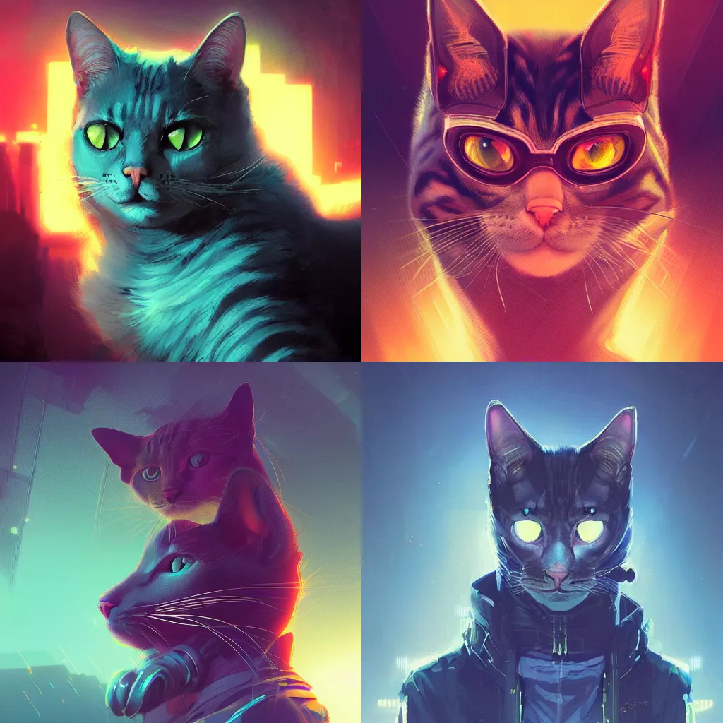 Image similar to detailed portrait of a cat, synthwave, retrowave, cyberpunk, illustration by Jordan Grimmer and Greg Rutkowski, trending on Artstation