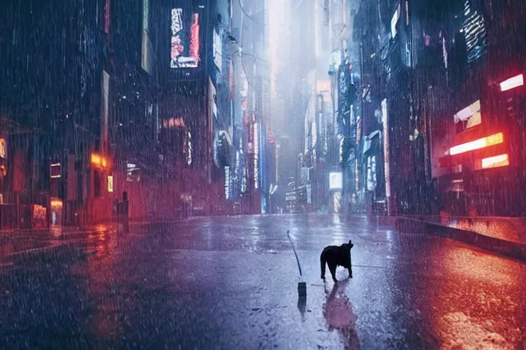 Image similar to futuristic VFX movie of a cat walking through a cyberpunk city rainy night natural lighting by Emmanuel Lubezki