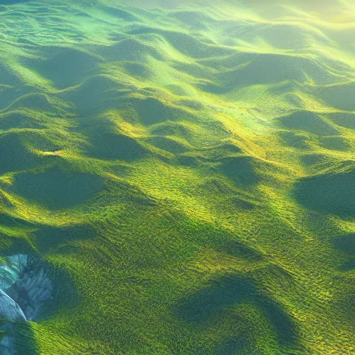 Image similar to large lush landscape, daylight, hyperdetailed, sharp, aerial view, artstation, 3 d render, ray tracing