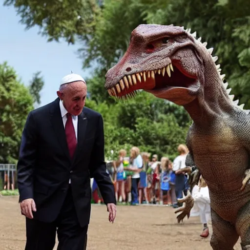 Image similar to pope Francis visits a dinosaur zoo and looks at a trex