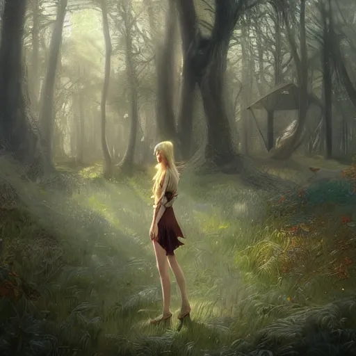 Image similar to blonde woman inside fairy forest, digital art, photorealistoc, art by greg rutkowski, hyperdetailed, western comic style, comic, comic style, sharp lineart, professional lighting, deviantart, artstation, trevor henderson, rossdtaws, cinematic, dramatic