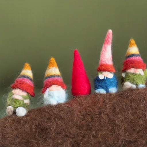 Image similar to a photography of little gnomes made out of wool on a stopmotion landscape made out of wool and yarn