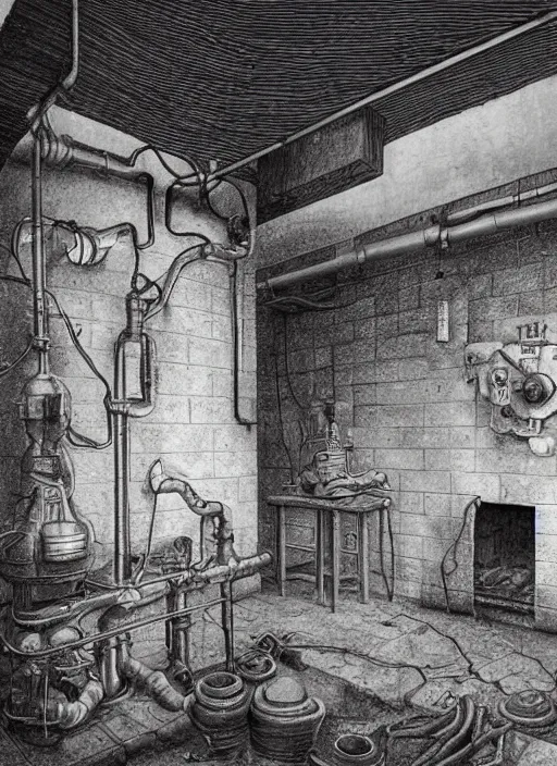 Image similar to 19th century boiler room, brick basement, furnace room, boiler stove, pipes, ducting, wires, dolls heads, drawing by Laurie Lipton