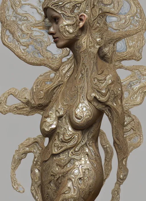 Image similar to marble sculpture of multiple beautiful women, oil slick, palladium veins, dripping, mandelbulb, hypercube, ivory carving, fractal paisley inlay, lace, intricate, elegant, highly detailed, gold inlay, metallic, ivory, artgerm, lace, by ruan jia, greg rutkowski, mucha, zbrush, nick alm