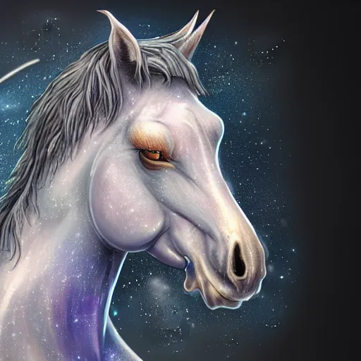 Image similar to a wlop 3 d render of very very very very highly detailed beautiful mystic portrait of a phantom undead horse with whirling galaxy around, tattoos by anton pieck, intricate, extremely detailed, digital painting, artstation, concept art, smooth, sharp focus, illustration, intimidating lighting, incredible art,