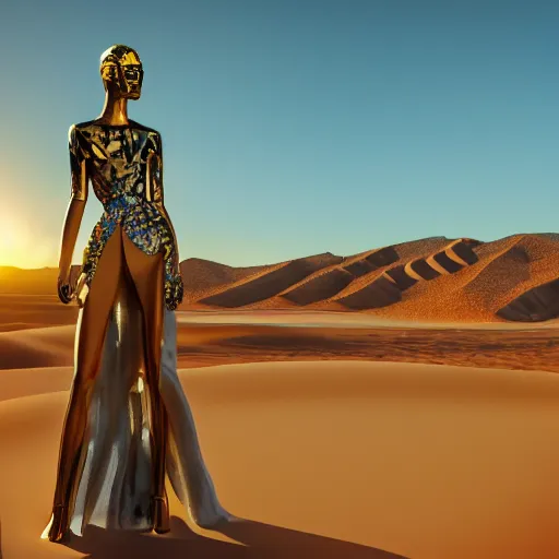Image similar to avant-garde art, deco fashion, highly detailed, photorealistic portrait, serene desert setting, golden hour, crisp quality and light reflections, unreal engine 5 quality render