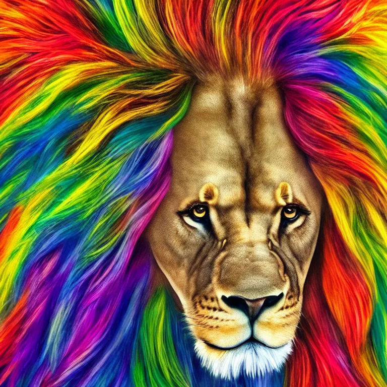 Image similar to Portrait of an anthropomorphic lion with rainbow colored mane