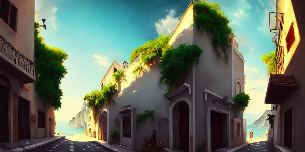 Prompt: a lonely street of capri, epic professional digital art, fisheye lens, best on artstation, cgsociety, wlop, Behance, pixiv, astonishing, impressive, outstanding, epic, cinematic, stunning, gorgeous, much detail, much wow, masterpiece.