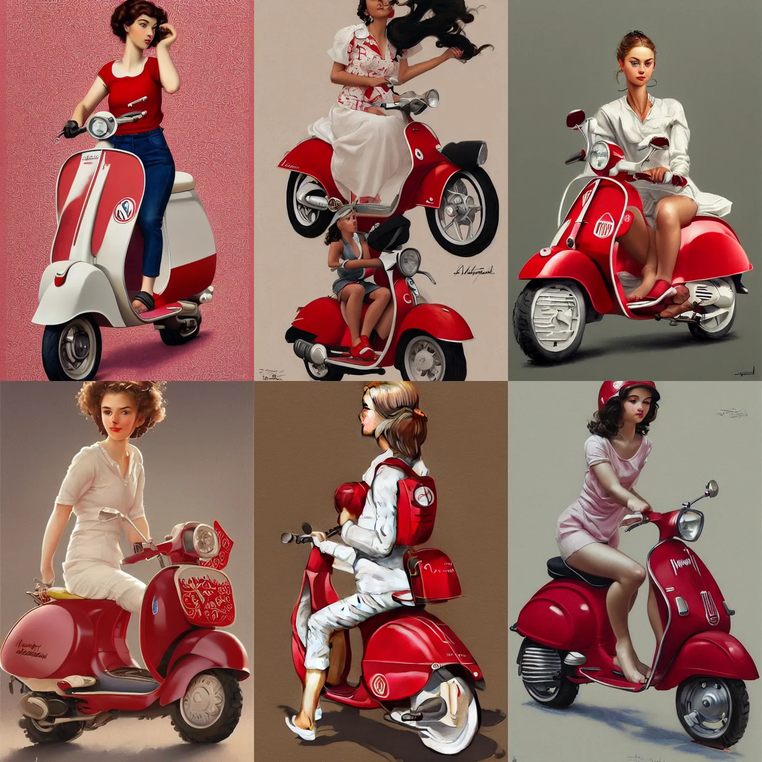Prompt: a cute young woman on a white and cherry red vespa on white background, intricate, highly detailed, digital painting, artstation, concept art, smooth, sharp focus, illustration, art by norman rockwell emiliano ponzi andrey remnev yoann lossel aaron jasinski, 8 k