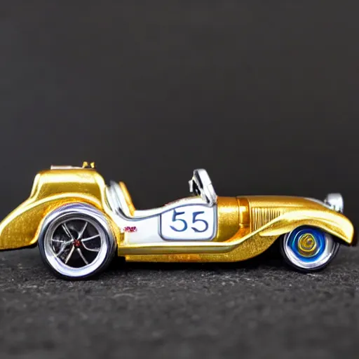 Prompt: 5 5 mm photo of metallic white steampunk shelby like hot wheels model with a gold city at background