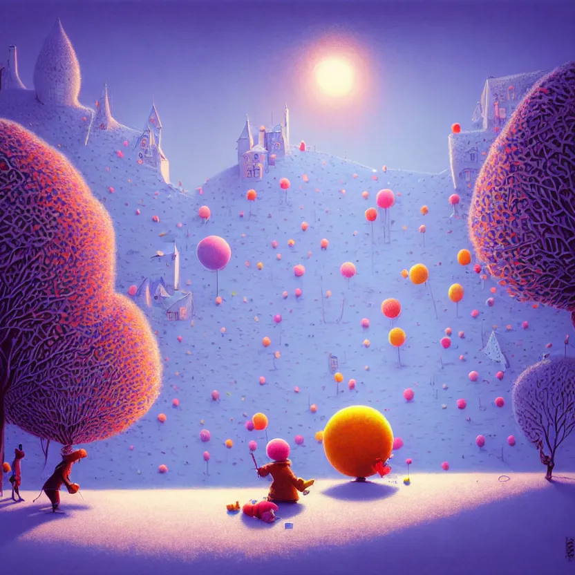 Prompt: snow ball, summer morning, very coherent and colorful high contrast, art by! gediminas pranckevicius! geof darrow, pastel color, volumetric lighting, cinematic, floralpunk screen printing woodblock, dark shadows, hard lighting, stippling art